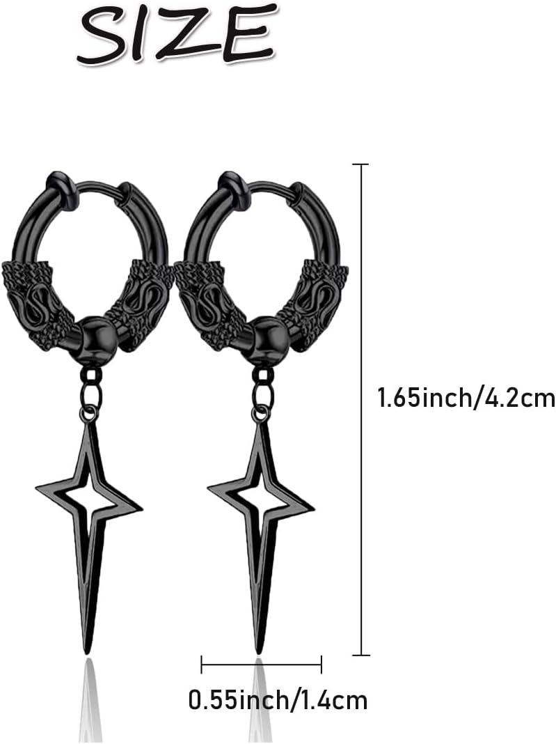 Gothic Punk Black Stainless Steel Non Pierced Cross Star Dangle Clip on Hoop Earrings Non-Piercing Jewelry Viking Dragon-Shaped Earring Gift for Men Women Teens - Image 5