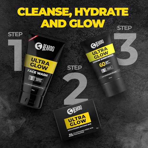 Image of Beardo Ultra Glow-up Kit for Men | Facewash, Serum Sunscreen & Bathing Bar | Brightening Skincare Combo for Daily Use | Oil Control & Sun Protection | Set of 3