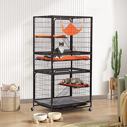 Cat Cages Indoor,4-Tier Ferret Cage, Large Wire Crates with Hammock, Cat Enclosure with 2 Ladders, Cat Kennel with Wheels for Kitten, Guinea Pig, Rabbit, Chinchilla, Black