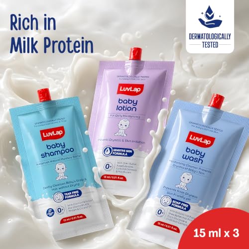 Image of LuvLap Baby Wash, Baby Shampoo, Baby Lotion -45ml, Sample Pack, Dermatologically Tested