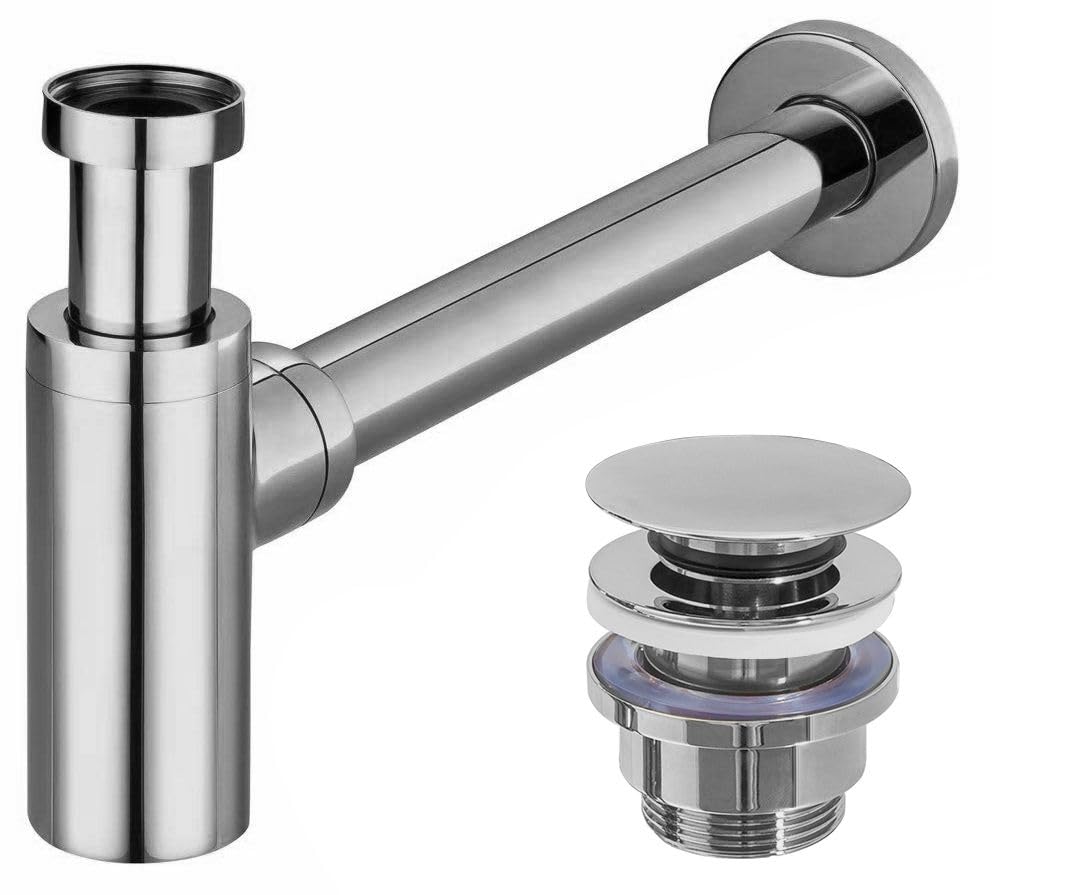 REA Sifón Tubular Universal de Acero Inoxidable para Fregadero y Fregadero, Altura Regulable, Sifón de Desagüe + Tapón Click-Clack, Válvula Pop-Up, Plata/Cromo