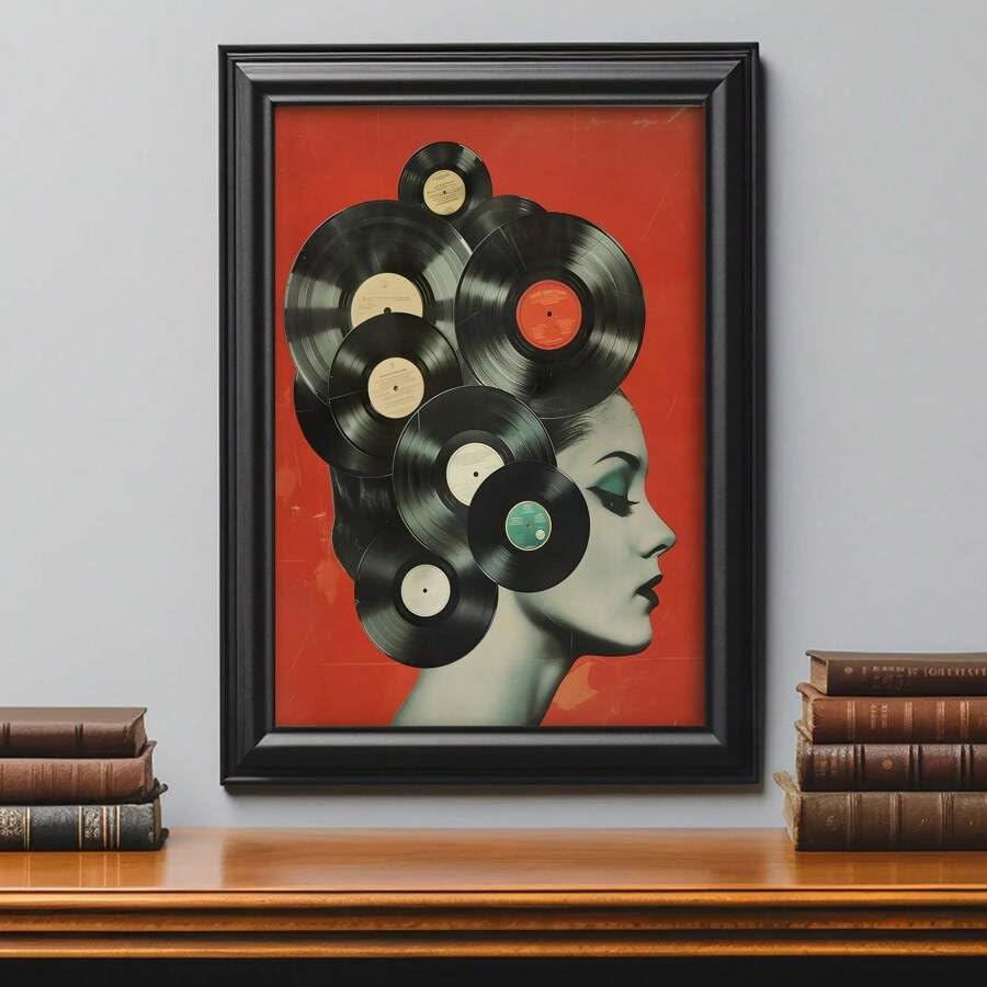 Poster su tela con dischi in vinile retrò anni '50, stile Art Déco classico contemporaneo, stampa artistica di una donna con inchiostro per decorare le pareti della casa (80x140 cm/senza cornice)