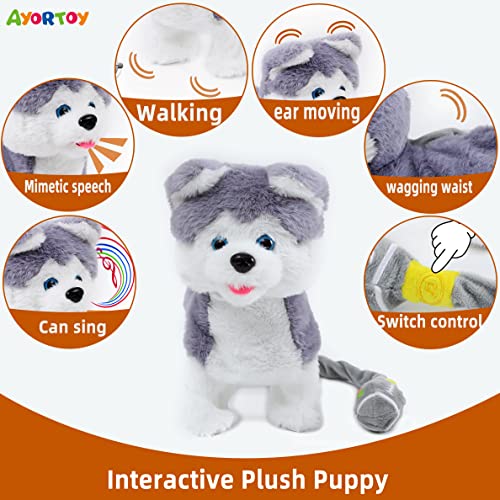 Ayortoy Singing Walking Barking Puppy Dog Toy With Control Leash, Repeat What You Say, Plush Interactive Husky Dog Toy For Kids, Ear Moving Electronic Realistic Dog Stuffed Animal, 11.4” #TOP2