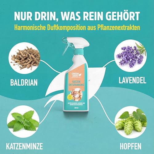 Green Hero Entspannungsspray 500 ml für Katzen enthält beruhigende Duftstoffe wie Baldrian, Lavendel und natürliche Katzenminze für Wohlbefinden und Entspannung