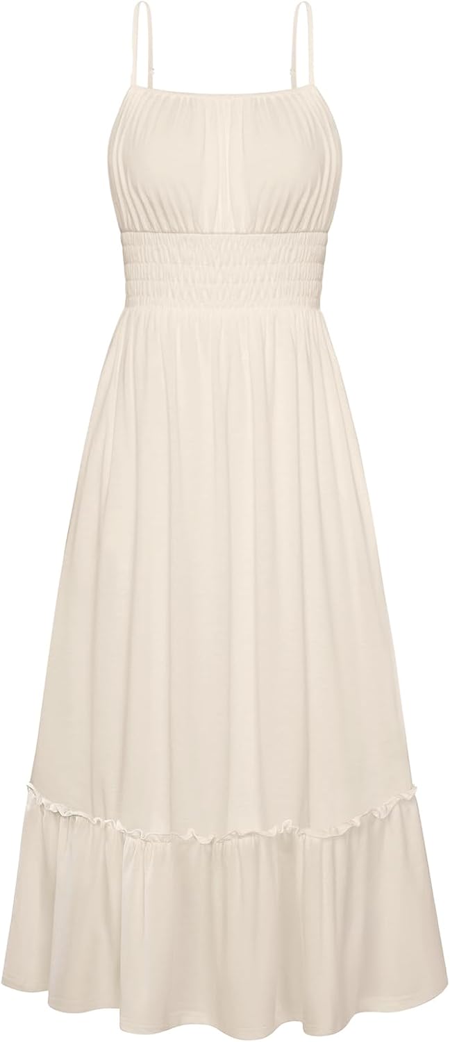 GRACE KARIN 2026 Summer Maxi Dresses for Women, Smocked Spaghetti Strap Long Dress, Flowy Boho Beach Sundresses with Pockets