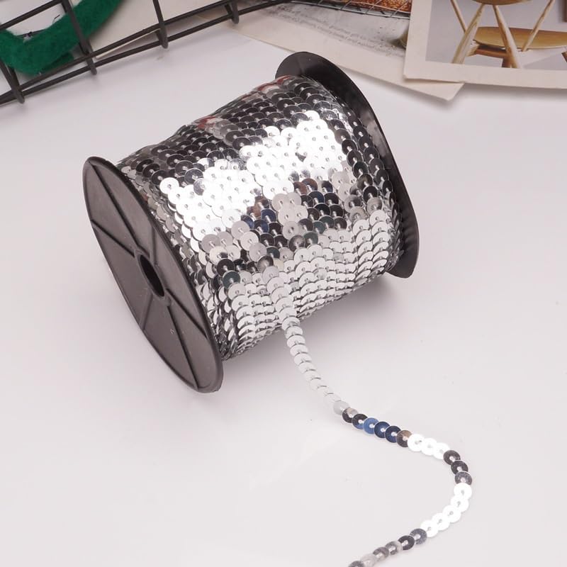 Wstążka cekinowa o długości 5 jardów, płaska okrągła średnicy 6 mm | Cekinowa lamówka do szycia dekoracji rzemieślniczych, łatwa do szycia lub klejenia(25 White Ab,100 Yards)