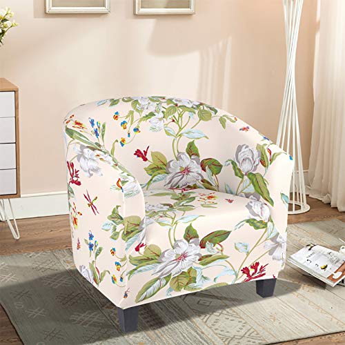 Image of SearchI Club Chair Slipcover Stretch Barrel Chair Covers Printed Tub Chair Slipcovers Spandex Armchair Sofa Cover Removable Couch Furniture Protector Arm Chair Cover for Living Room(Beige+Flowers)
