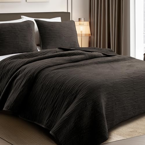 Image of Wonderful Velvet Quilt Set - Wood-Grain Stitched Brownish Black Quilt Queen Size, Velvet Lightweight Comforter with 2 Pillow Shams, Luxurious Suede Bedspread Coverlet for All Season, 94 inchx94 inch