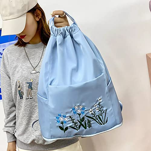 Image of (LIGHT BLUE Hitech Travel Drawstring Bag Waterproof Flower Print Fold able Embroidery Design Drawstring Backpack for Outdoor drawstring bag Foldable design (LIGHT BLUE)