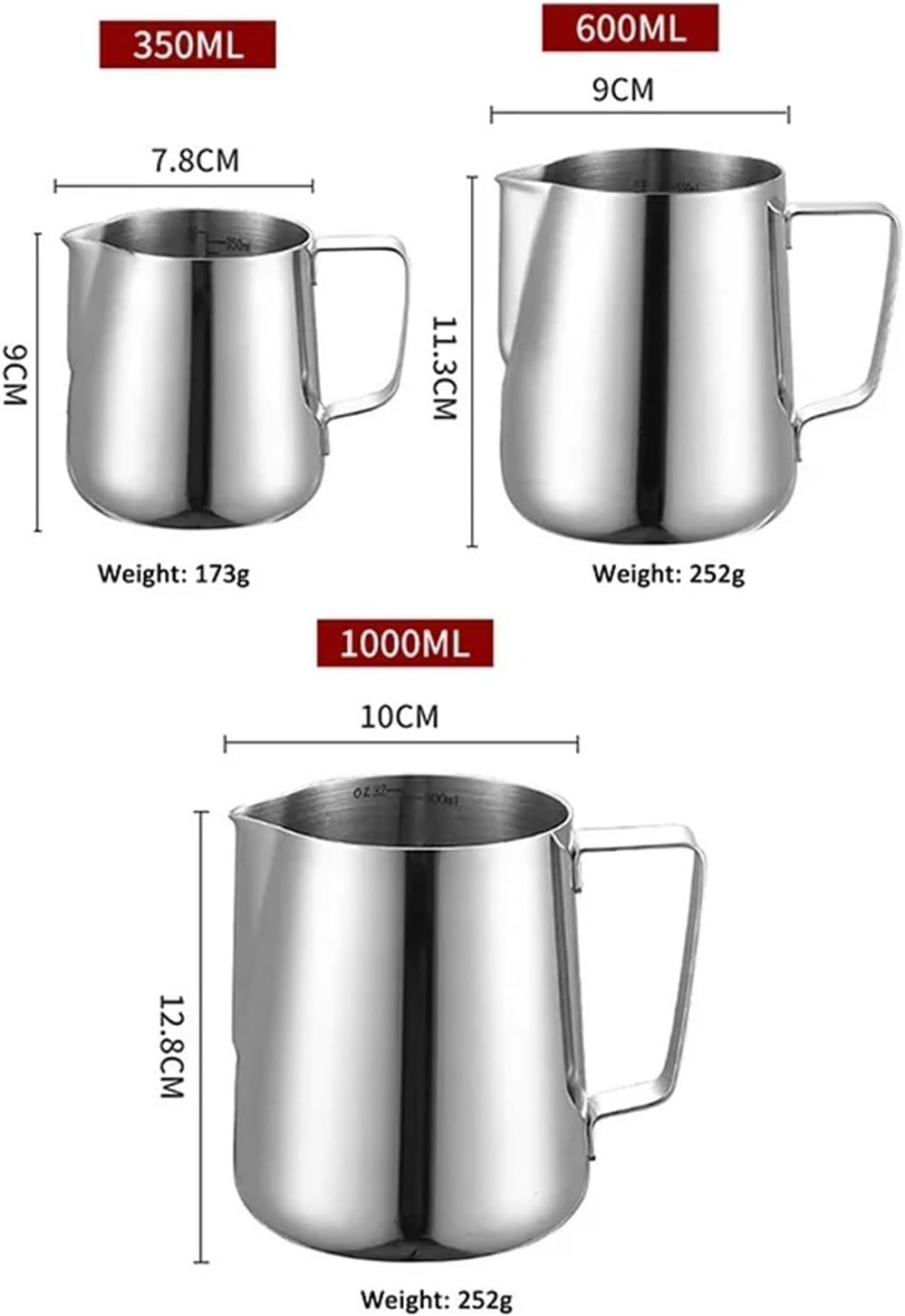 350/600/1000ml Coffee Milk Jugs Stainless Steel Craft Frothing Pitcher Latte Jug Accessories(1000ml)