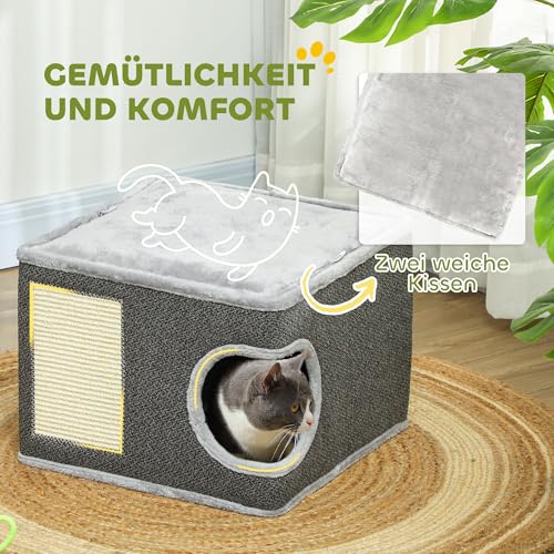 PawHut Kratztonne, 35 cm hoch Katzentonne mit Höhle, Kratzbaum mit Spielball, Katzenturm aus Sisal, für Katze bis 6 kg, Dunkelgrau+Cremeweiß