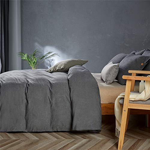 Image of JELLYMONI Cotton Duvet Cover Queen Size - Black Comforter Cover with Button 100% Washed Cotton 3PCS Breathable Soft Solid Bedding Set Duvet Cover 90x90in & 2 Pillowcases (NO Comforter)