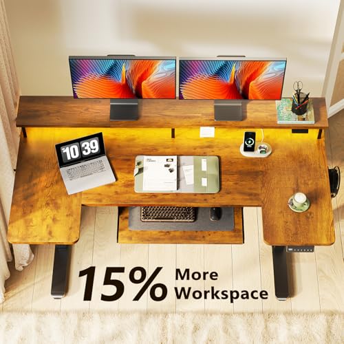 Image of OffiGo U Shaped Electric Standing Desk with Keyboard Tray, 55 Inch Height Adjustable Desk with Power Outlets & LED Lights, Sit Stand Table with Monitor Stand for Home, Office, Rustic Brown