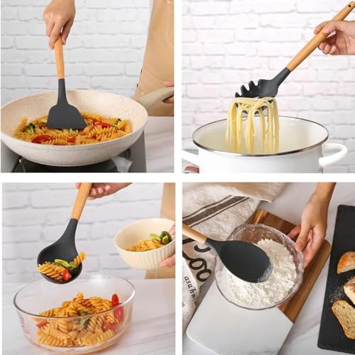 Kit 12 Utensílios De Cozinha Em Silicone Antiaderentes Com Cabo De Madeira Com Suporte Colher Espátu