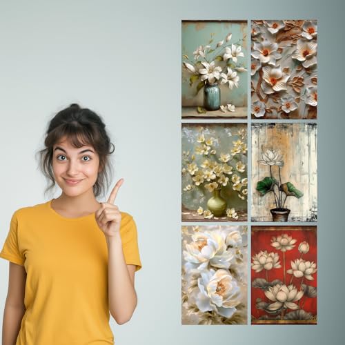 Image of SiddArtify Elegant White Floral Art Print Set - 300GSM Board - 8x12 Inch - Pack of 6 Wall Room Decoration art Poster Prints