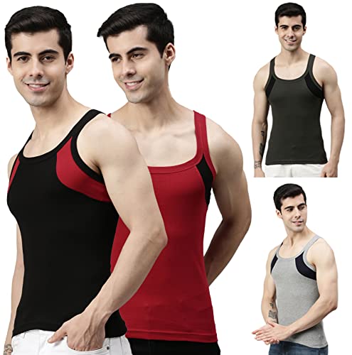 Image of Lux Cozi Men's Gym Vest | 100% Pure Cotton Rib Fabric | U Neck Sleeveless Innerwear | Ultra Soft Hand Feel | Extremely Stretch Fit - Style 999 - Color May Vary (Pack of 4)