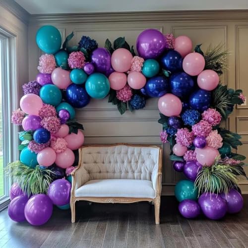Image of Purple and Blue Balloons Teal Pink Balloon Garland Arch Kit for Birthday Baby Shower Mermaid Stitches Under The Sea Encanto Villain Ocean Luau Birthday Baby Shower Party Decorations
