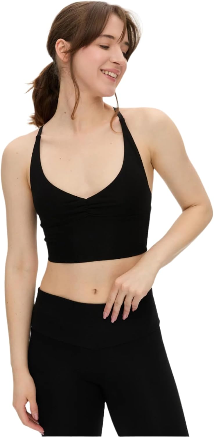 EcoVero Göğüs Pedli Büzgülü Askılı Büstiyer – Yoga ve Pilates Spor Sütyeni, Ayarlanabilir Askılı Crop Top