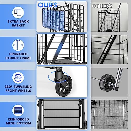 450lbs Capacity Shopping Cart,Upgrade Huge Grocery Cart on Wheels,Heavy Duty Foldable Utility Shopping Carts with Double Basket and 360° Rolling Swivel Wheels for Groceries Laundry Transport 1