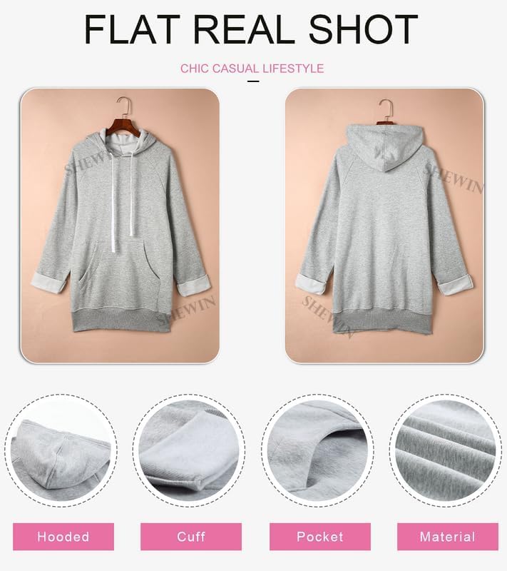 SHEWIN Women's Oversized Casual Pullover Long Sleeve Split Hem Drawstring Hoodies Dress With Kangaroo Pocket - Image 6