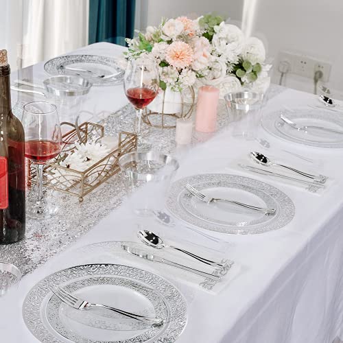 210 Count Silver Plastic Dinnerware, Silver Disposable Plates, Includes 30 Dinner Plates 30 Dessert Plates & 30 Cups & 30 Linen Like Silver Paper Napkins & 30 Plastic Silverware Set, Plastic Dinner Plates #TOP3