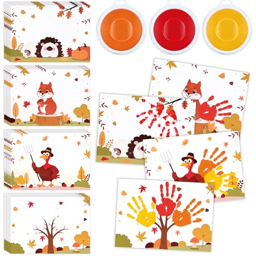 24 Pcs Thanksgiving Handprint Kits Crafts with 3 Pcs 7 Inch Large Ink Pads, Fall Handprint Art Craft Turkey Tree Hedgehog Squirrel Easy DIY Kit Thanksgiving Greeting Cards for Thanksgiving Kid Craft