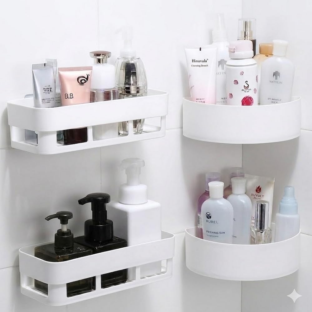 ABS Heavy Plastic Multipurpose Bathroom Kitchen Wall Holder Storage Rack Corner Shelf with Shower Strong Sticker Pair (Combo Shelves), White, (2 Bathroom Shelves + 2 Corner) Bathroom Rack-image-49