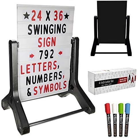 Swinging Changeable Message Sidewalk Sign: 24" x 36" Sign with 792 Pre-Cut Double Sided Letters and Storage Box. Includes Black Sign Board & 4 Liquid Chalkboard & Letter Board (Black Color Legs) Cover
