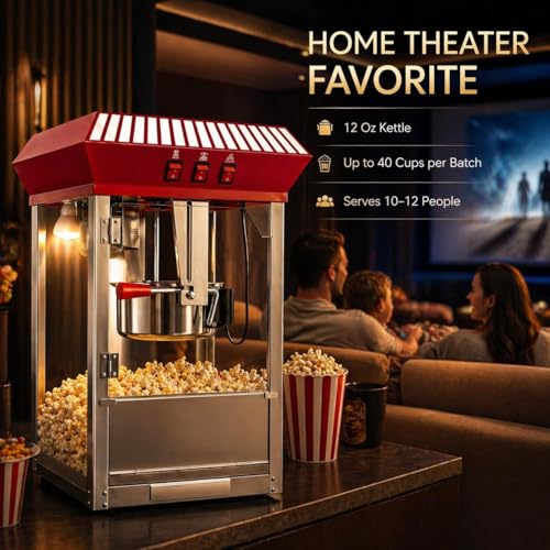Image of Commercial Popcorn Machine, 12 Oz Kettle, Movie Theater Popcorn Machine,Vintage Red Tabletop Pop Corn Machine with Stainless-Steel Kettle & Steel Frame Tempered Glass Doors