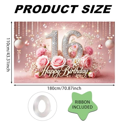 Image of Nuxovilar 16th Birthday Banner - Elegant Pink & Gold Floral Backdrop | with Glitter inch16 inch Sign, 71x43 Inch Large Party Decor for Women & Men, Reusable Indoor /Outdoor Hanging