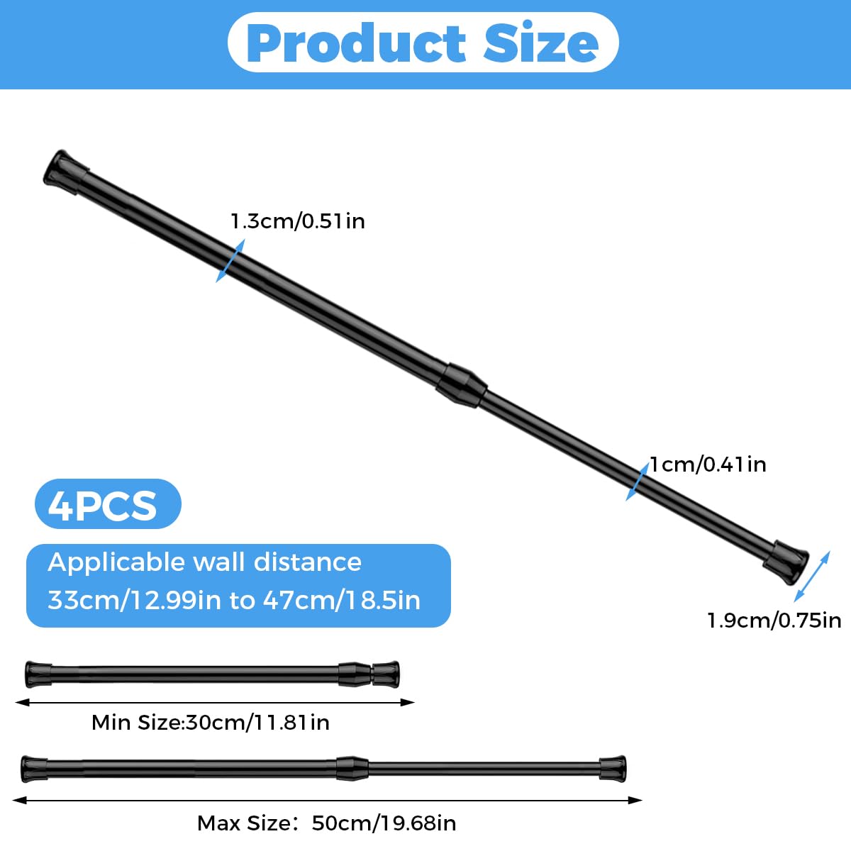 4 Pezzi Bastone Tenda a Pressione,30-50cm Bastoni per Tende a Pressione,Bastone per Tenda Estensibile,Aste per Tende Senza Forare,Tende,Antiruggine,Regolabile,per Armadi,Finestre,Libreria (Nero)
