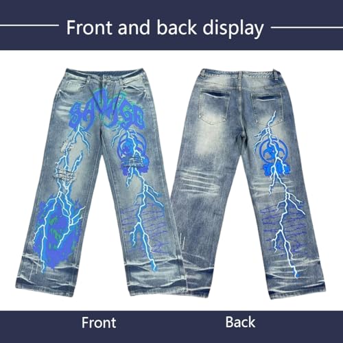 Men's Graffiti Hip-hop Jeans, Men's Lightning Print, Tight and Worn Jeans, Gothic Jeans2