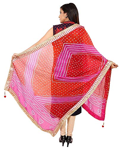 Image of Women's Jaipuri Art Silk Bandhej Rajasthani Bandhani Dupatta with Gota Patti Lace