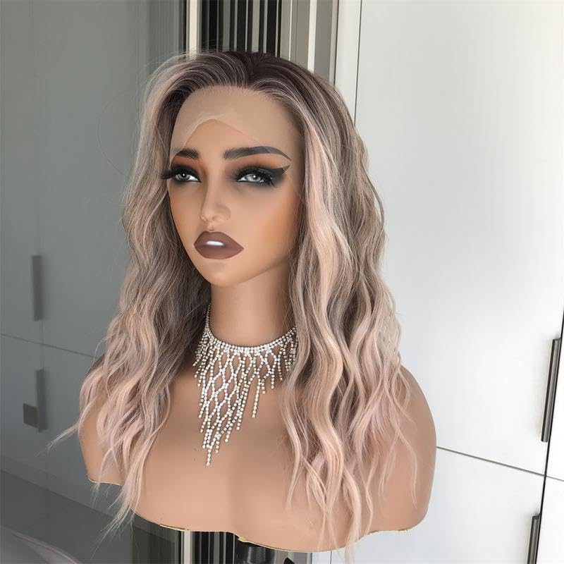 Aisom Mila Apricrown Water Wave Free Part Lace Front Wig with Scandinavian Hairline 16 Inch Heat Friendly Synthetic Lace Wig for Womem Low Density Daily Use