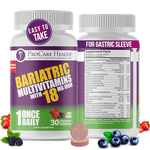 ProCare Health Bariatric Chewable Multivitamin with Iron 18mg (30 Tablets) - Fruit Punch Flavor Bariatric Multivitamin Chewable for Gastric Bypass & Sleeve Gastrectomy Patients* (1 Month Supply)
