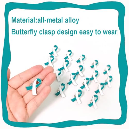Image of Teal & White Ribbon Pins Cervical Cancer Awareness Enamel lapel Brooch (100)