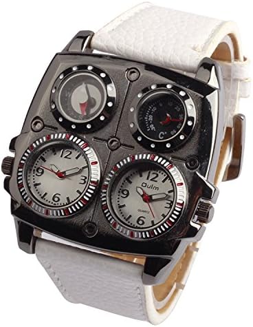 Oulm Mens Sports Analog Dual Time Zones, Compass, Thermometer Big 5cm Multi-Function Dial Black Genuine Leather Strap Wristband Watch(White)