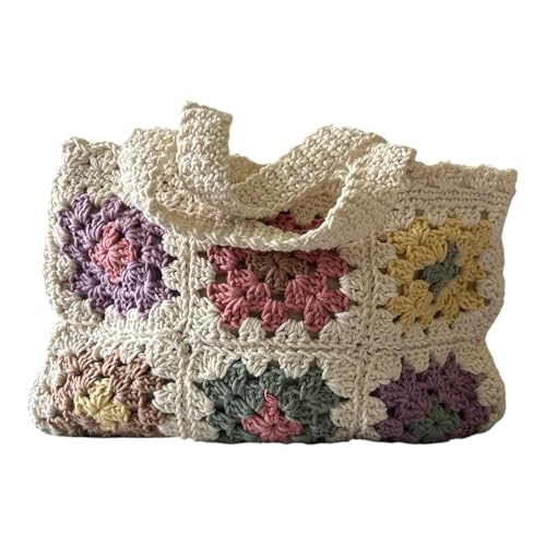 Bolso de Ganchillo Artesanal, Diseño Floral Vintage, Blanco Crema con Flores en Tonos Pastel, Estilo Granny Square Bolso de Ganchillo Artesanal, Diseño Floral Vintage, Blanco Crema con Flores en Tonos Pastel, Estilo Granny Square