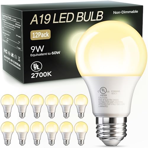 Image of TJOY 12 Pack A19 LED Light Bulbs 60 Watt Equivalent, Efficient 9W, Soft Warm White 2700K, E26 Standard Base, Non Dimmable Energy Saving Warm Light Bulb for Home Bedroom, 800LM, 120V, 80 CRI, UL Listed