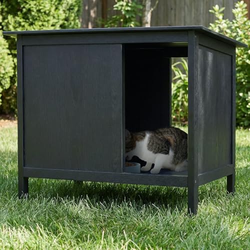 Veehoo Outdoor Cat Feeding Station Cat Shelter Outdoor Weatherproof with 2 Entrances Elevated Waterproof Feral Stray Cats House for Food and Water