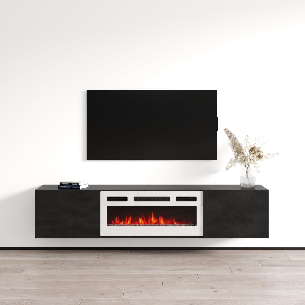 Meble Furniture Baja WH-EF Floating Fireplace TV Stand — Electric Fireplace with Multicolor Flames — Matte Finish, 70.9" W x 15.7" D x 23.6" H — Dark Concrete