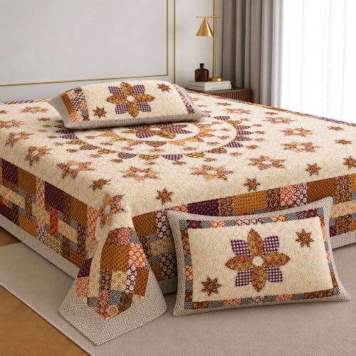 Image of Jaipur Weaves Jaipuri Double Bed Cotton Bedsheet Queen Size 90x100, 144 TC 100% Pure Cotton Bed Sheet with 2 Pillow Covers, Royal Mandala Traditional Print (Mandala Orange)