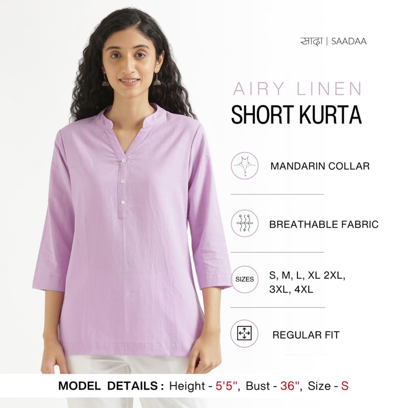 Image of SAADAA Women Short Kurti Airy Linen Regular Fit Kurta with 3 /4th Sleeves, Mandarin Collar, Side Slit Perfect for Casual, Formal, and Ethnic Wear