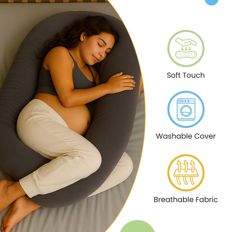 Image of Pregnancy Pillow for Women | Maternity Pillow for Pregnant Women & Newborn Feeding | Full Body Support for Back, Hips, Legs & Belly | Ergonomic Design | Polycotton Cover | Dark Grey