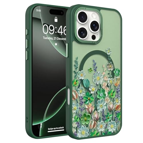 Image of Magnetic for iPhone 16 Pro Max Case with for Women, Green Floral | Pretty Oil Painting Flower Pattern Design [Compatible with MagSafe] Shockproof Slim Translucent Matte Non-Slip Cover