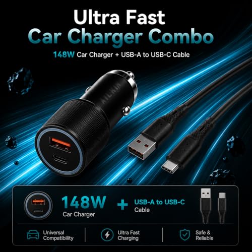 Image of AILKIN 148W 2-in-1 Car Charger with Built-in Cable, 100W QC USB-A + 48W PD USB-C Fast Charging Car Adapter, Compatible with iPhone 16 /15 /14 /13, Samsung Galaxy, iPad, Smartwatch, Earbuds, Power Bank