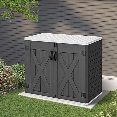 YITAHOME Outdoor Resin Storage Sheds with X-Shaped Lockable Door, 39 in Height Lockable Waterproof Horizontal Shed w/o Shelf?Easy to Assemble Shed Storage for Garden Tools, Dark Gray