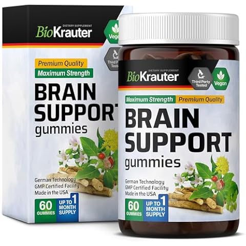 BIO KRAUTER Brain Support Gummies - 60 Vegan Chews - Natural Brain Supplement - Ashwagandha, Ginkgo Biloba, Bacopa, DMAE, and Vitamins for Cognitive Support Cover