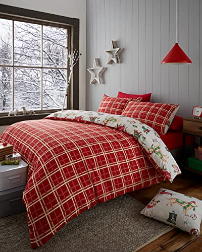 Happy Linen Company Bettwäsche mit weihnachtlichen Hunde-Motiven - wendbar - Taupe/Naturfarben - Bettwäsche-Set für EIN Einzelbett
