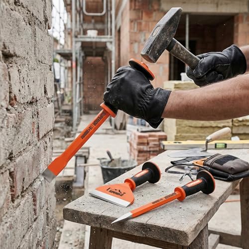 KIRXST 3-Tlg Handmeißel Set mit Handschutz, 22 cm Fliesenmeißel, 30 cm Flachmeißel und 30 cm Spitzmeißel für Präzise Arbeiten an Fliesen, Beton und Stein